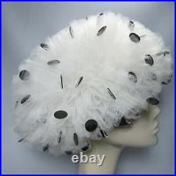 Vintage Jack McConnell Bubble Hat Red Feather Label White Tulle Black Polka Dots