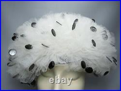 Vintage Jack McConnell Bubble Hat Red Feather Label White Tulle Black Polka Dots