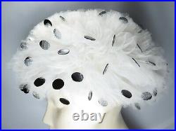 Vintage Jack McConnell Bubble Hat Red Feather Label White Tulle Black Polka Dots