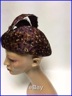 Vintage Jack McConnell Exotic Brown Feather Hat One of a Kind Red Feather Label