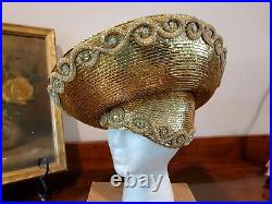 Vintage Jack McConnell Gold Lame Straw Jeweled Tilt Hat Red Feather Label RARE