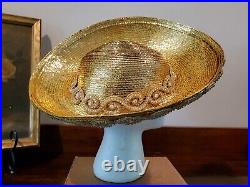 Vintage Jack McConnell Gold Lame Straw Jeweled Tilt Hat Red Feather Label RARE