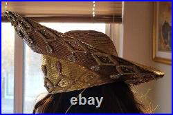 Vintage Jack McConnell Gold Straw Sun Hat Woven Shiny Metallic 3D Shaggy