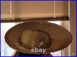 Vintage Jack McConnell Gold Straw Sun Hat Woven Shiny Metallic 3D Shaggy
