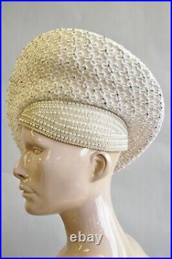 Vintage Jack McConnell Lace Felt Off White Pearl Rhinestones Church Derby Hat