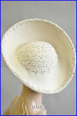 Vintage Jack McConnell Lace Felt Off White Pearl Rhinestones Church Derby Hat