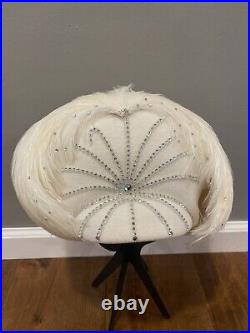 Vintage Jack McConnell New York White Feather Faux Diamond Show Girl Women's Hat