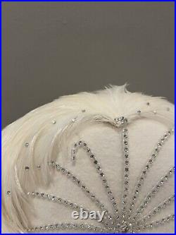 Vintage Jack McConnell New York White Feather Faux Diamond Show Girl Women's Hat