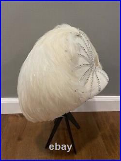 Vintage Jack McConnell New York White Feather Faux Diamond Show Girl Women's Hat