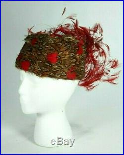 Vintage Jack McConnell Red & Brown Pheasant Feather Pillbox Church Fancy Hat