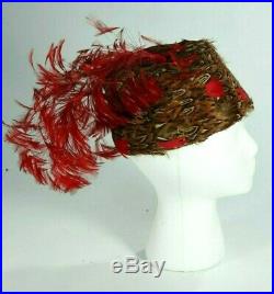 Vintage Jack McConnell Red & Brown Pheasant Feather Pillbox Church Fancy Hat