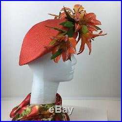 Vintage Jack McConnell Red Feather Floral Rhinestones Sherbet Orange Formed Hat