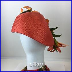 Vintage Jack McConnell Red Feather Floral Rhinestones Sherbet Orange Formed Hat