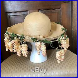 Vintage Jack McConnell Straw Hanging Flowers Hat RARE Red Feather Couture