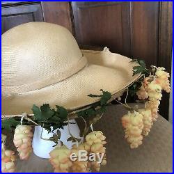 Vintage Jack McConnell Straw Hanging Flowers Hat RARE Red Feather Couture