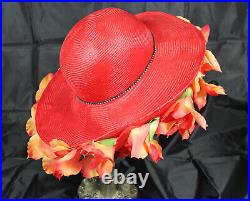 Vintage Jack McConnell Wide Brim Straw Church Floral Accent Tilt Hat