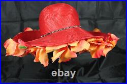 Vintage Jack McConnell Wide Brim Straw Church Floral Accent Tilt Hat