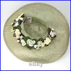 Vintage Jack McConnell Womens Flower Adorned Sideways Cartwheel Derby Hat