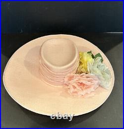 Vintage Joan Biggs Handmade Silk Easter bonnet wide brim England flowers hat
