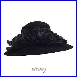 Vintage KOKIN New York Black Velvet w Black Silk Flowers Dress Hat