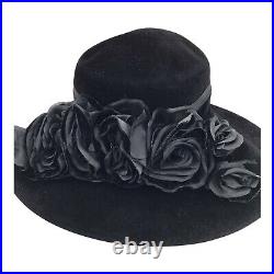 Vintage KOKIN New York Black Velvet w Black Silk Flowers Dress Hat