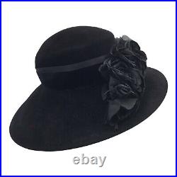 Vintage KOKIN New York Black Velvet w Black Silk Flowers Dress Hat