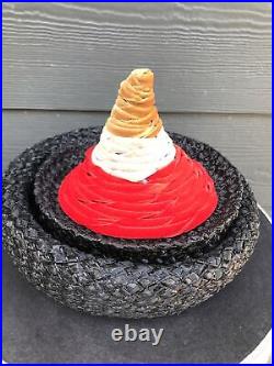 Vintage LESLIE JAMES 1940s 1950s HAT Cone Cap Velvet Felt Straw W Box Volcano