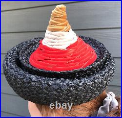 Vintage LESLIE JAMES 1940s 1950s HAT Cone Cap Velvet Felt Straw W Box Volcano