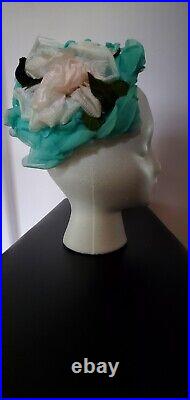 Vintage Ladies EASTER HAT 1950s 1960s Fascinator Blue And Ivory Flowers Lovely