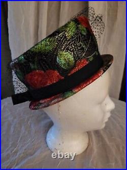 Vintage Ladies Floral Funky 60s Cloche Hat With Bow & Netting Rare