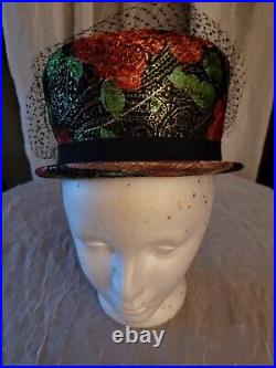 Vintage Ladies Floral Funky 60s Cloche Hat With Bow & Netting Rare