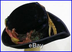 Vintage Ladies Hat 1910s Black Velvet Colorful Feathers Asymmetrical NICE