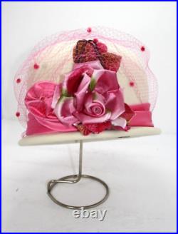 Vintage Lady's Hat Orig Box White Wool Felt Pink Netting Flowers Glenover NY