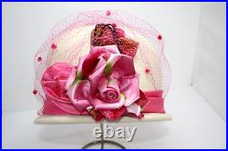 Vintage Lady's Hat Orig Box White Wool Felt Pink Netting Flowers Glenover NY