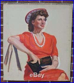 Vintage Large Modernist Oil Portrait WOMAN in RED DRESS & Hat Painting c1944 ART