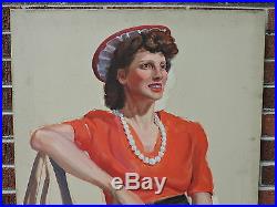 Vintage Large Modernist Oil Portrait WOMAN in RED DRESS & Hat Painting c1944 ART