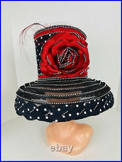 Vintage Large Statement Red Black White Polkadot Rose Jewel Derby Church Hat