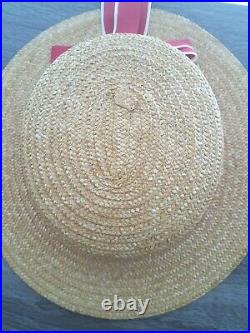 Vintage Laura Ashley Cottagecore Summer Boater Victorian Straw Hat Red Bow