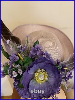 Vintage Lavender Straw Jack McConnell Hat With Flowers And Feathers