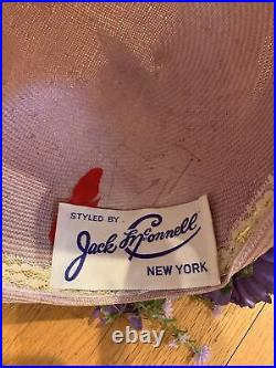 Vintage Lavender Straw Jack McConnell Hat With Flowers And Feathers