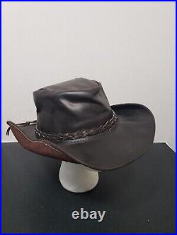 Vintage Leather Cowboy Hat L Unisex Dark Brown Rodeo Distressed Braided Mexico