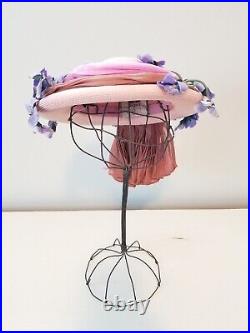 Vintage Lilly Dache Woven Hat with Lavender Flowers & Pleated Sash c. 1940's