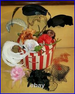 Vintage Lot Of 3 Hats Plus Millenary Flowers Feather Band Hat Box Netting Veil