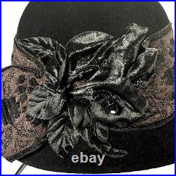 Vintage Louise Green Floral Ribbon Cloche Felt Hat Black Retro Derby