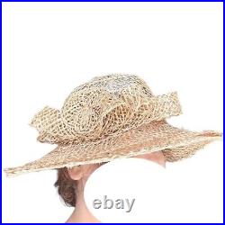 Vintage Louise Green Straw Hat Bow Woven Wide Brim Band Derby Designer M-L EUC