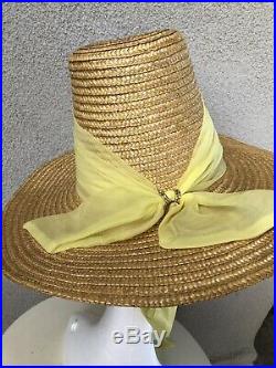Vintage Mid Century Panama Style Straw Hat Yellow Chiffon Happy Cappers 21