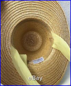 Vintage Mid Century Panama Style Straw Hat Yellow Chiffon Happy Cappers 21