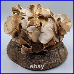 Vintage Millinary Floral Cloche Bird Cage Hat 60s Taupe Lecie Wedding Summer