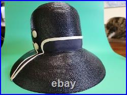Vintage Mr. John Classic Mesh Cloche Style Navy Blue Hat WithWhite Trim In Org Box