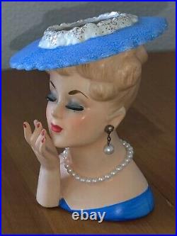 Vintage NAPCOWARE LADY HEAD VASE Blue Hat Pearls